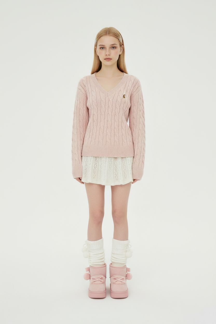 V-Neck Cable Knit Sweater