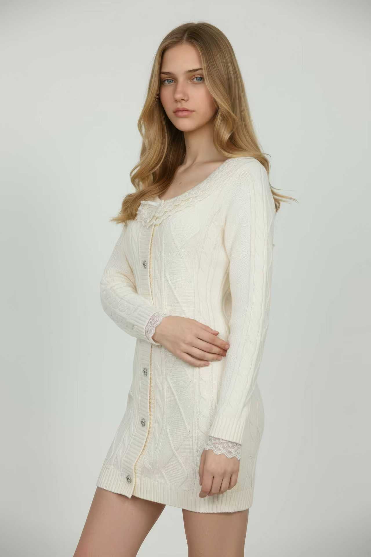 White Lace Knit Sweater Dress