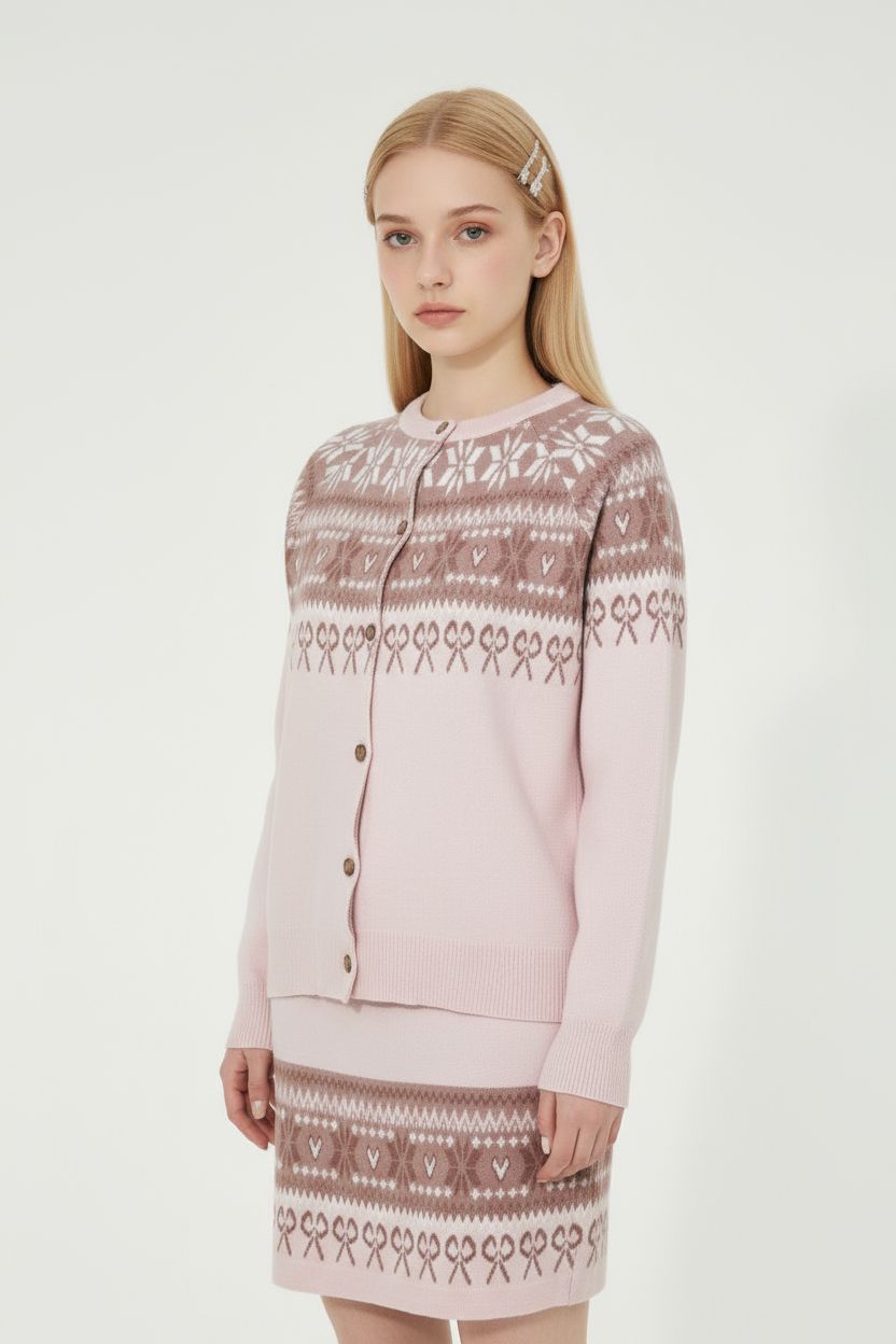 Pink Jacquard Knit Sweater & Skirt Set