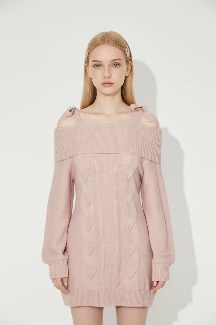 Vintage Pink Knit Waist-Cinched Sweater Dress