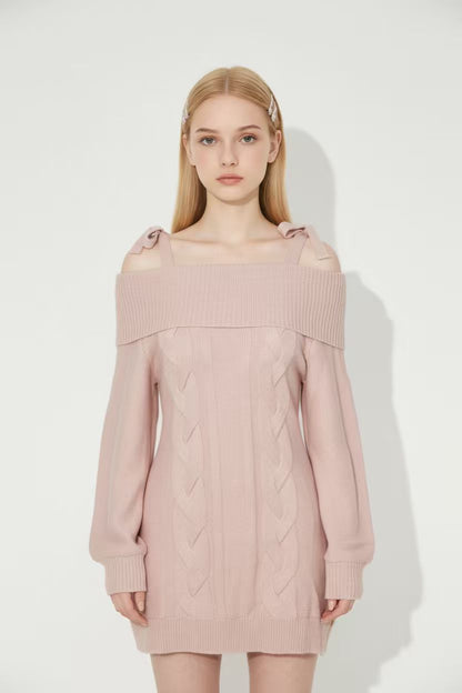 Vintage Pink Knit Waist-Cinched Sweater Dress