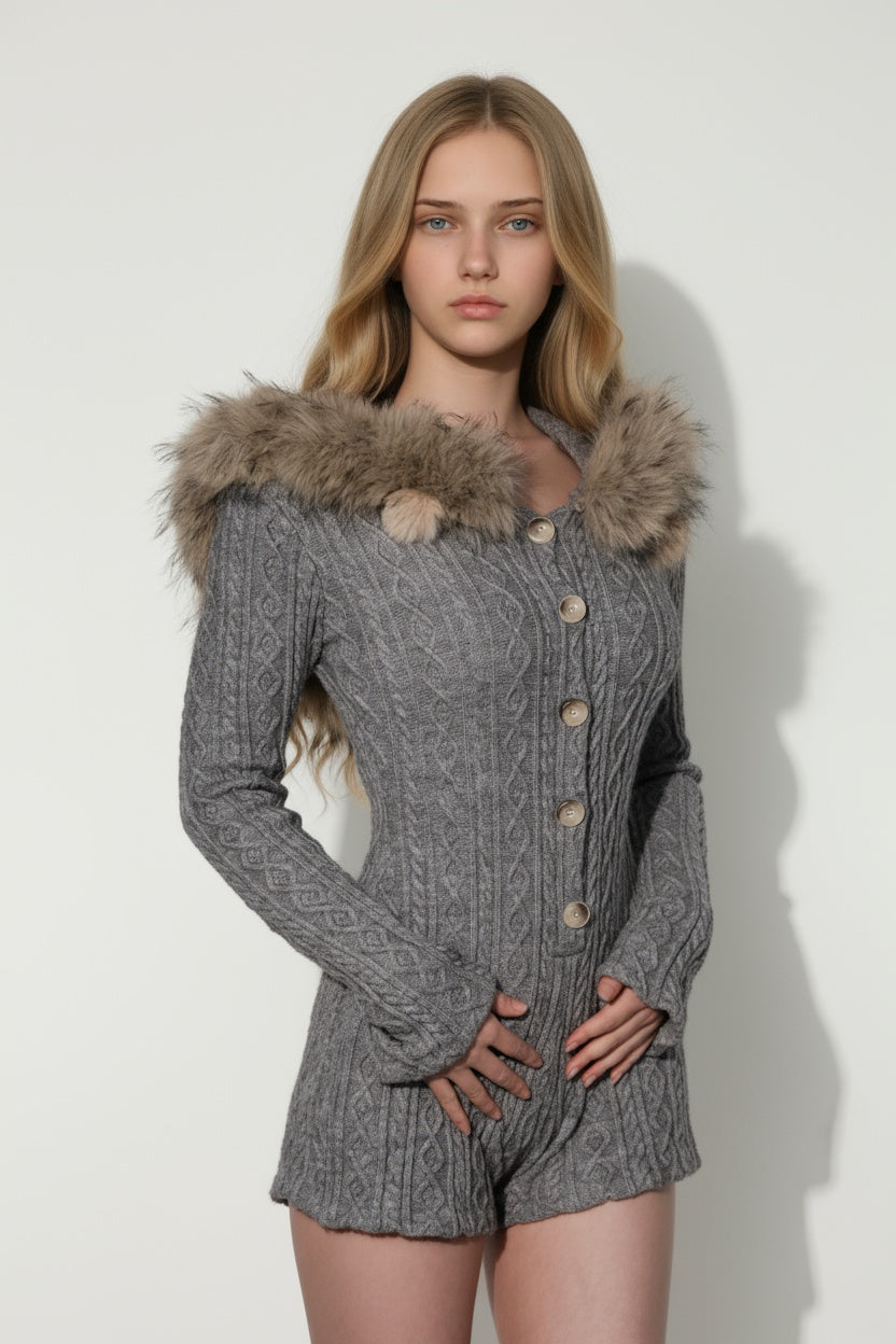 Cozy Hooded Cable Knit Jumpsuit