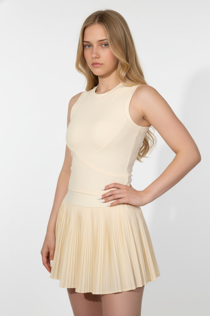 Butter Yellow Yoga Tank Top & Pleated Skirt Set