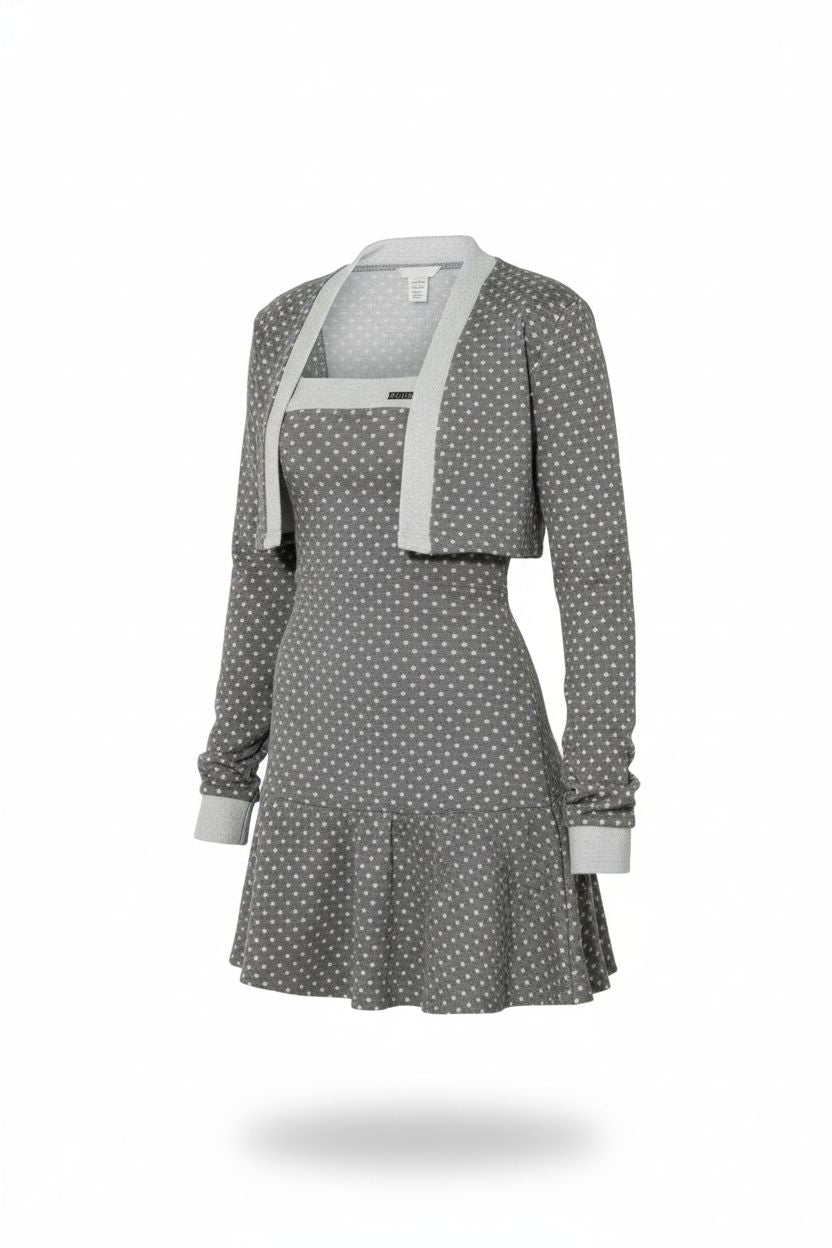 Gray Polka Dot Patchwork Tube Dress & Cardigan Set