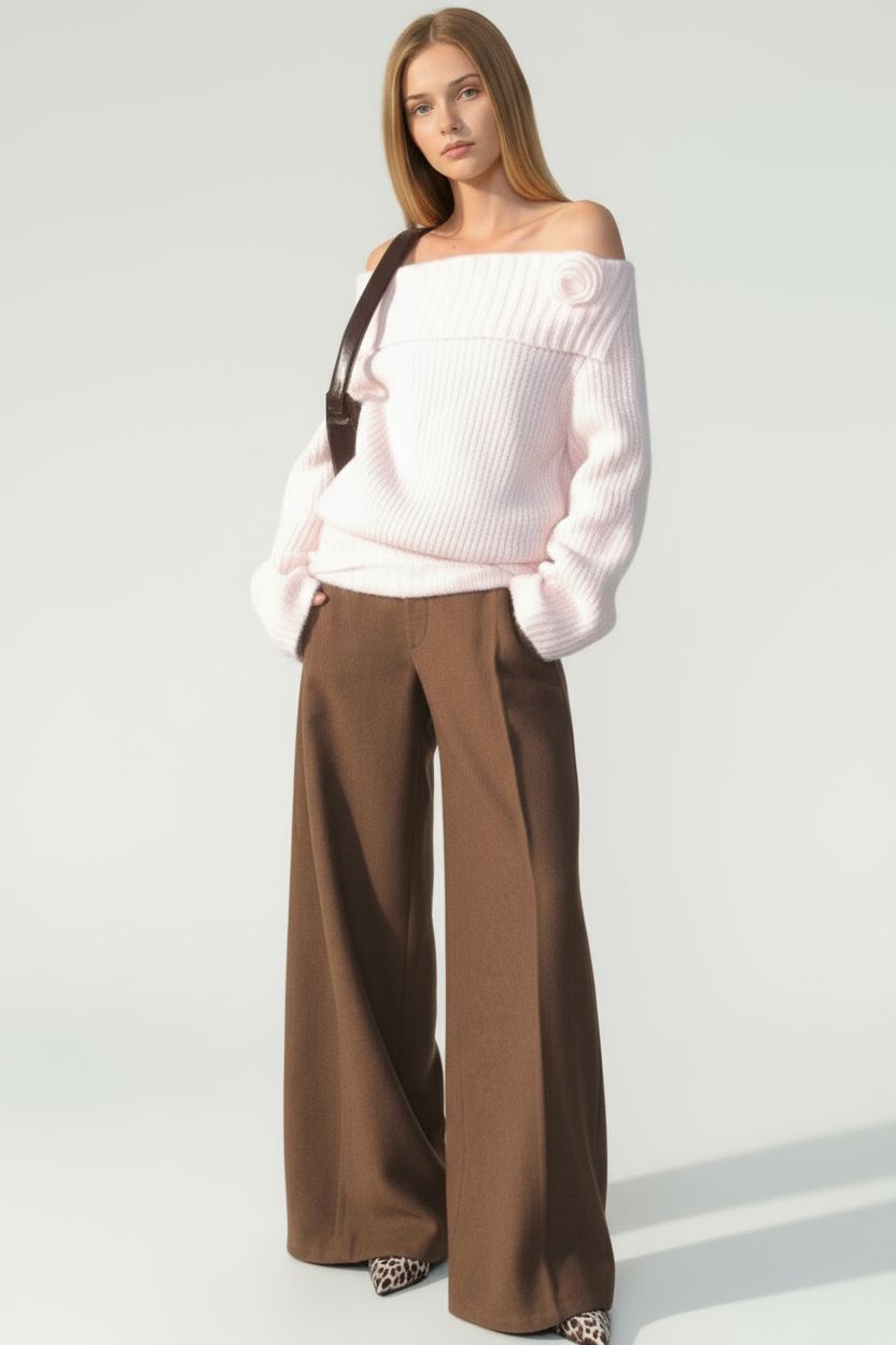 Off-Shoulder Rose-Decor Knit Sweater