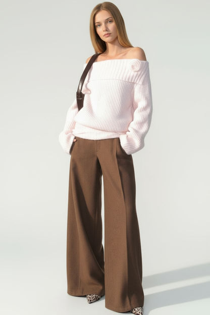 Off-Shoulder Rose-Decor Knit Sweater