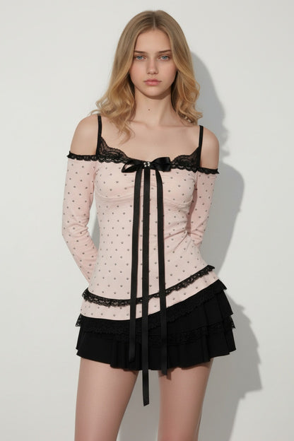 Polka dot top & lace puff skirt outfit