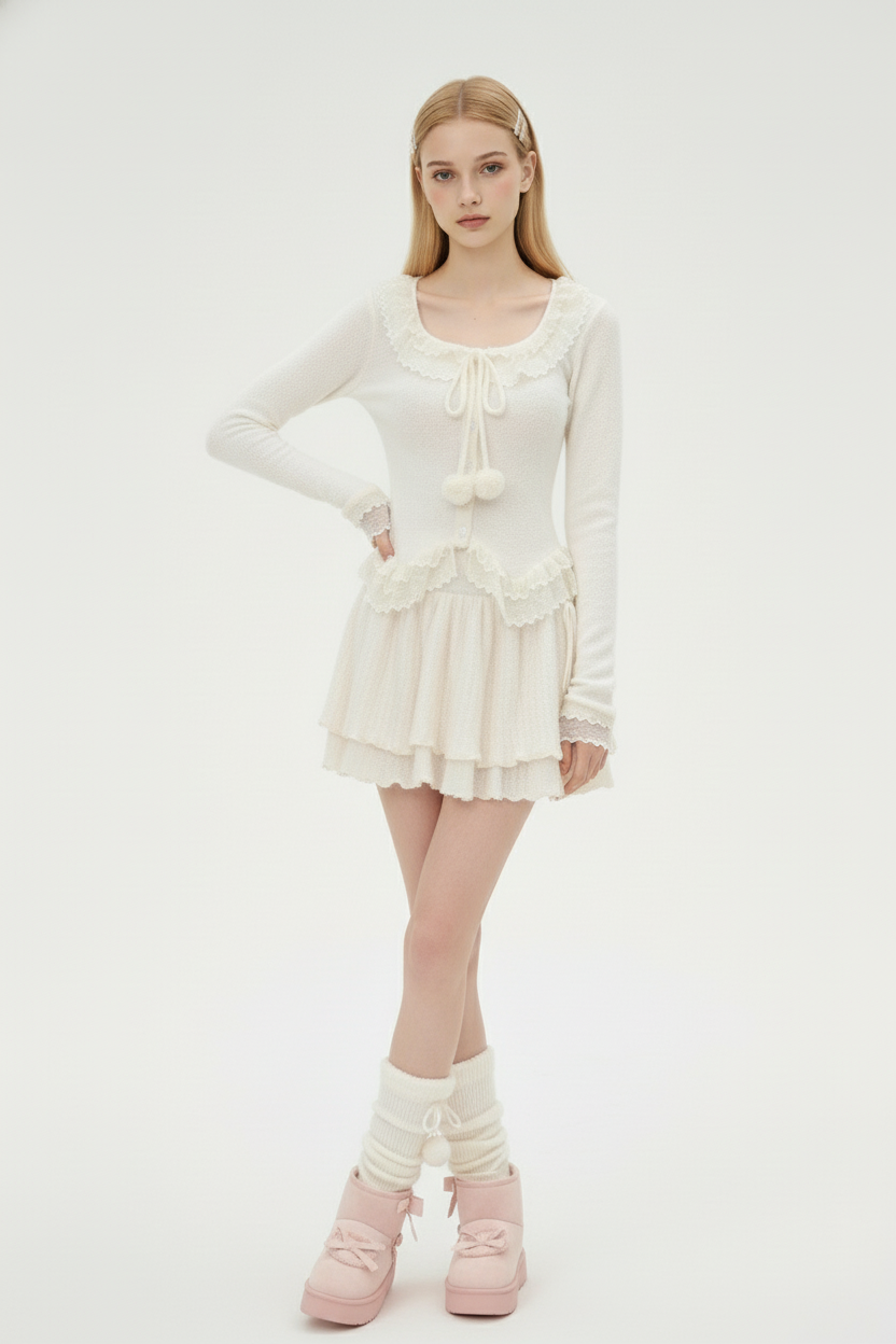 Soft Knit Two-Piece Set with Lace Ties and Pom-Poms
