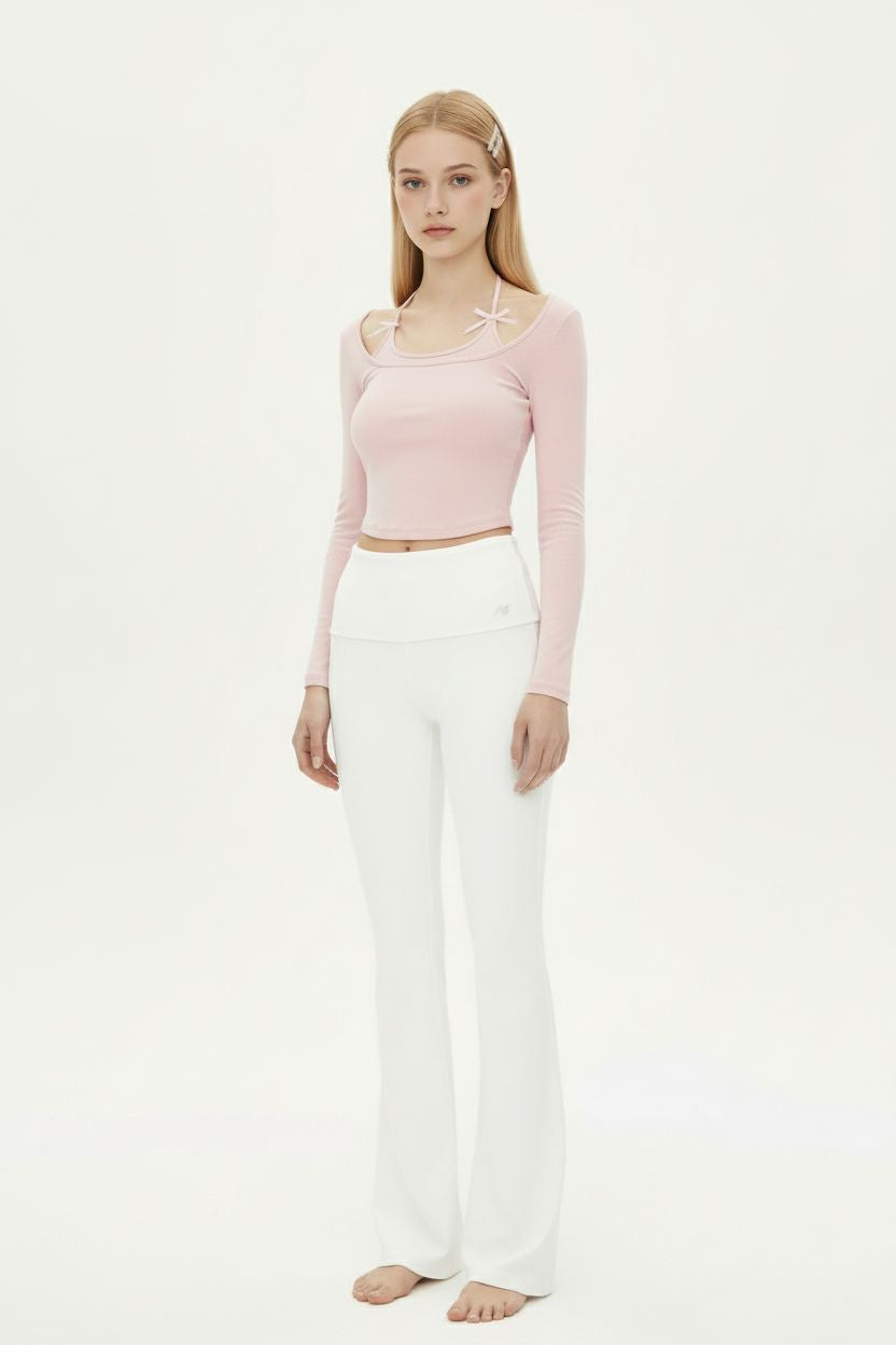 Halter Tie-Up Layered-Look Long-Sleeve Top