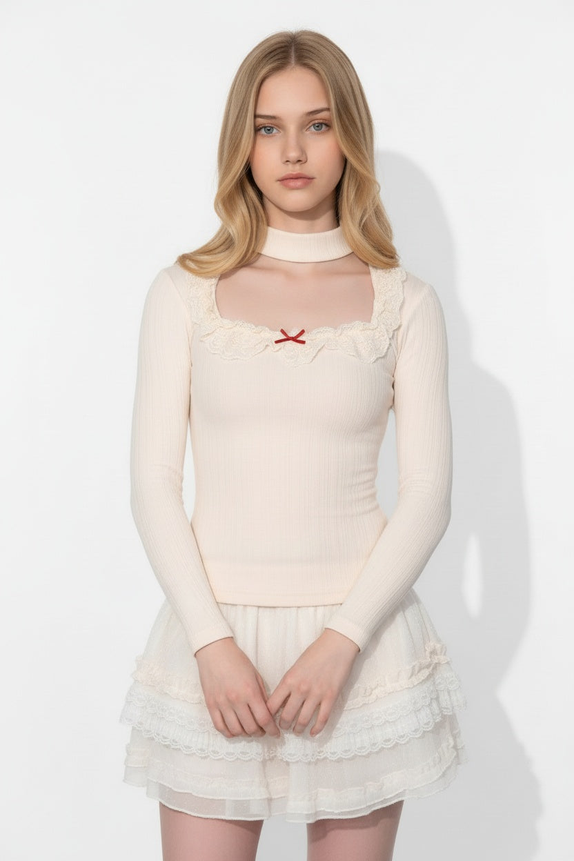 Cream Bow Accented Lace Blouse