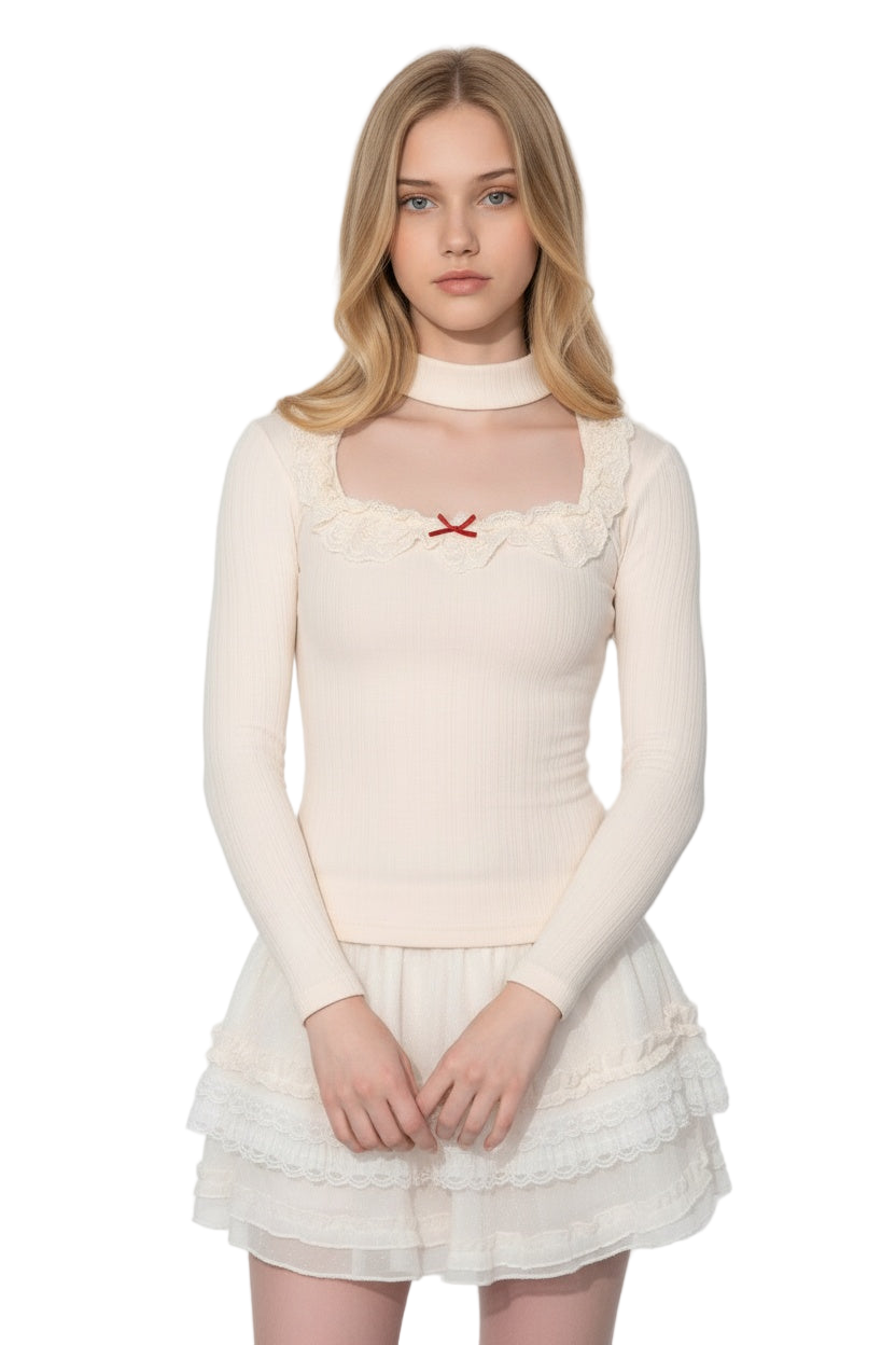 Cream Bow Accented Lace Blouse