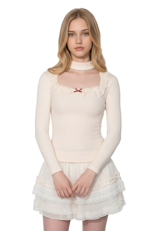 Cream Bow Accented Lace Blouse