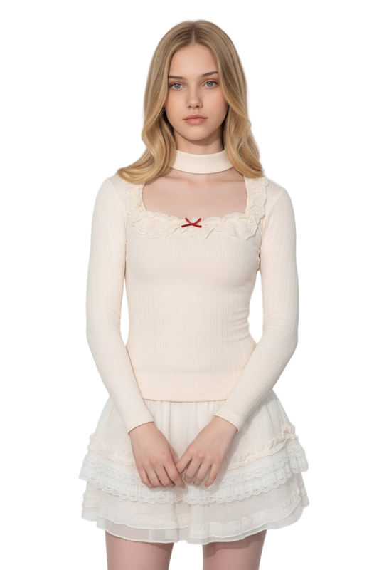 Cream Bow Accented Lace Blouse