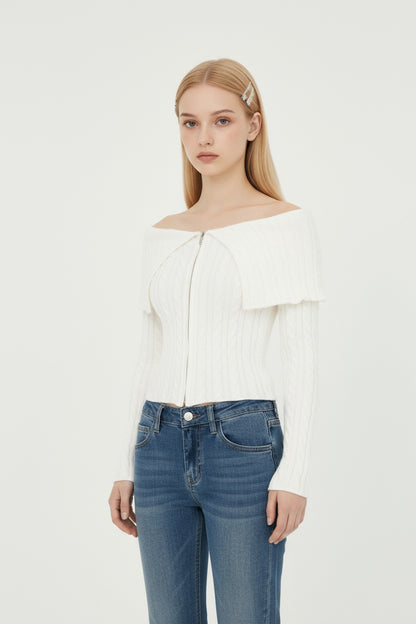 Chunky Cable Knit Sweater with Wide Notch Collar