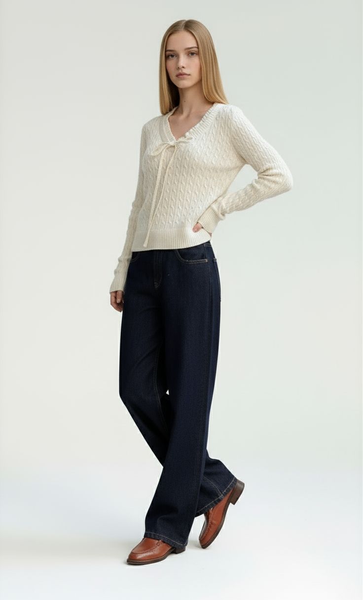 White Cable Knit Sweater with Ruffle Trim