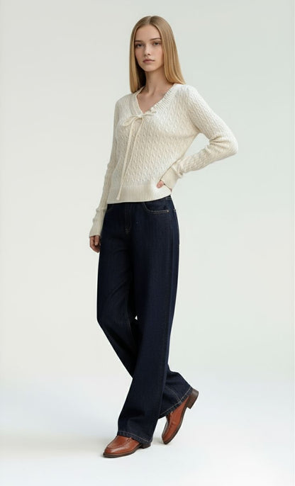 White Cable Knit Sweater with Ruffle Trim