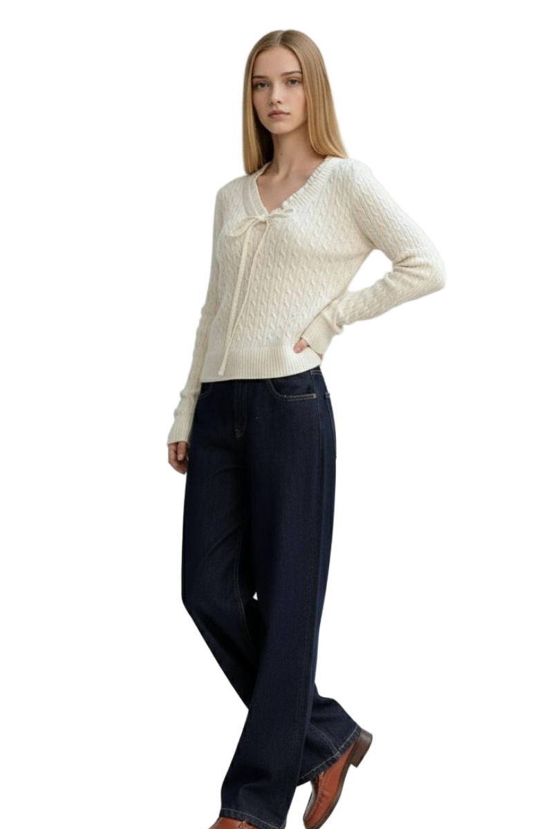 White Cable Knit Sweater with Ruffle Trim