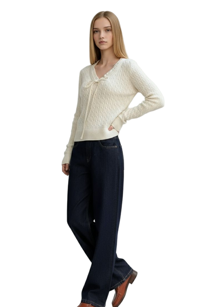 White Cable Knit Sweater with Ruffle Trim