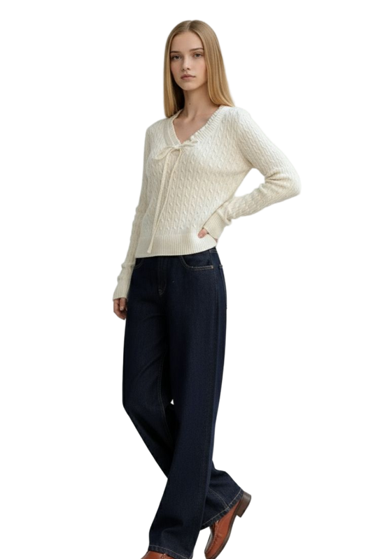 White Cable Knit Sweater with Ruffle Trim