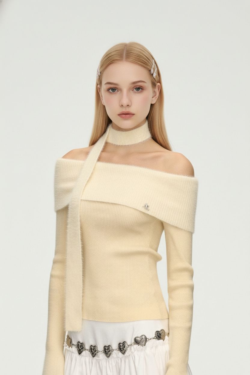 Vintage Off-Shoulder Knit Top – Long Sleeves