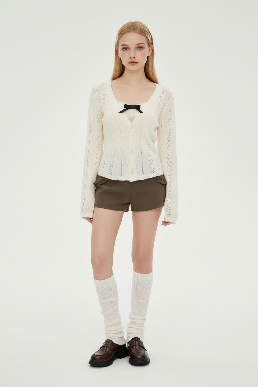 V-Neck Crochet Hollow Knit Cardigan with Lace Trim