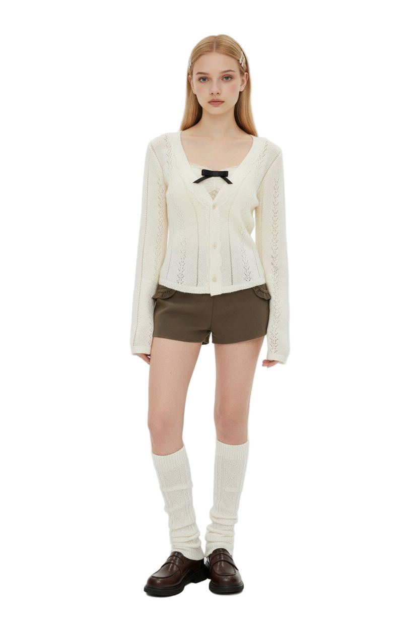 V-Neck Crochet Hollow Knit Cardigan with Lace Trim