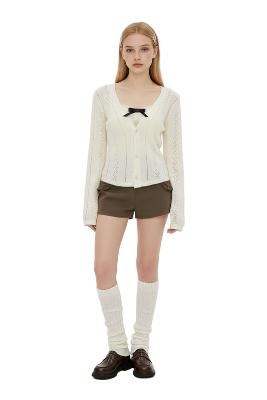 V-Neck Crochet Hollow Knit Cardigan with Lace Trim