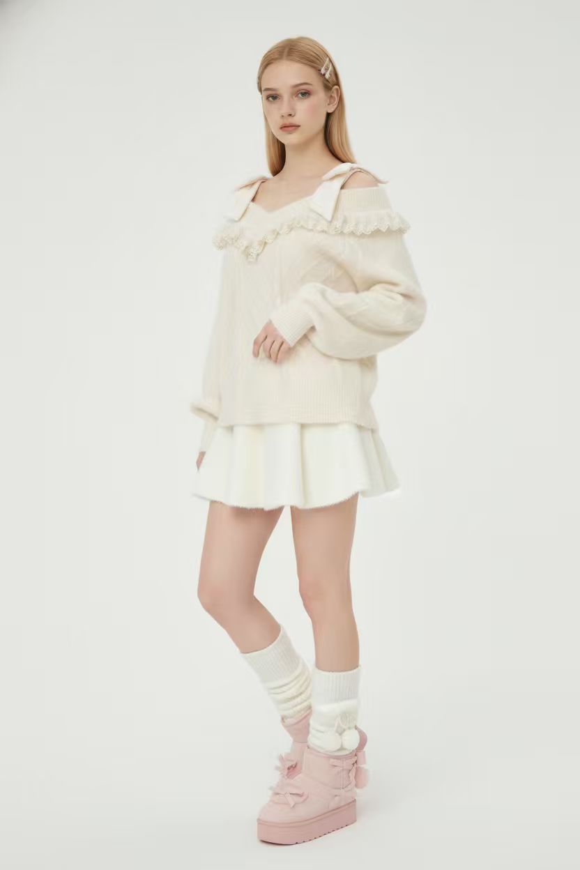 Cute Lace-Trim Cable Knit Off-Shoulder Sweater with Cami