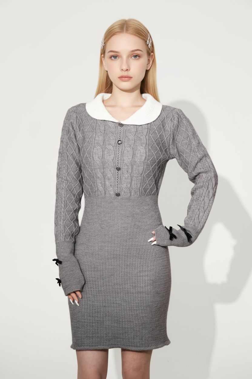 Gray Peter Pan Collar Knit Bodycon Dress