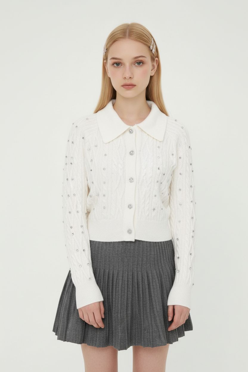 Rhinestone Polo-Collar Knit Cardigan & High-Waisted Pleated Skirt Set