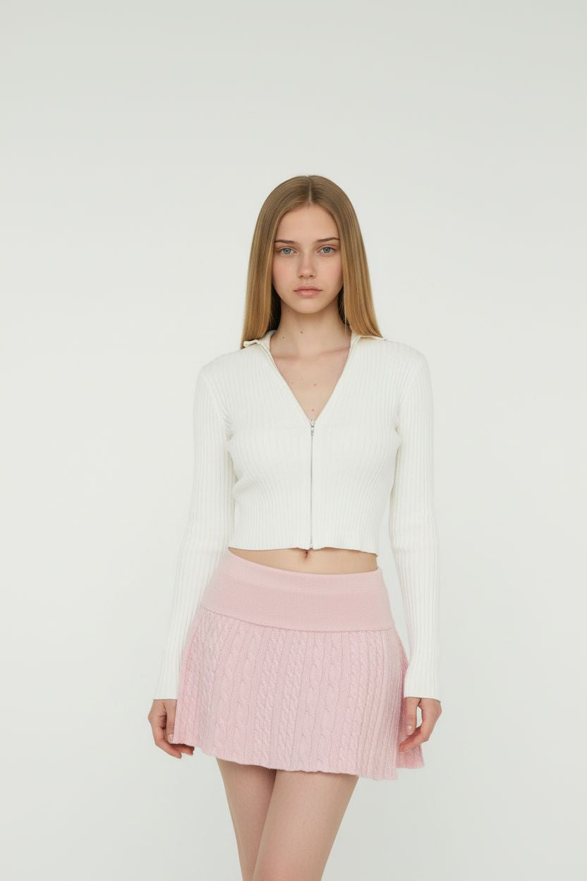 Pink Cable Knit Skirt with Folded Waist