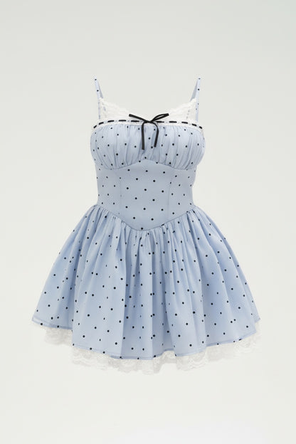 Baby blue polka dot lace strap dress