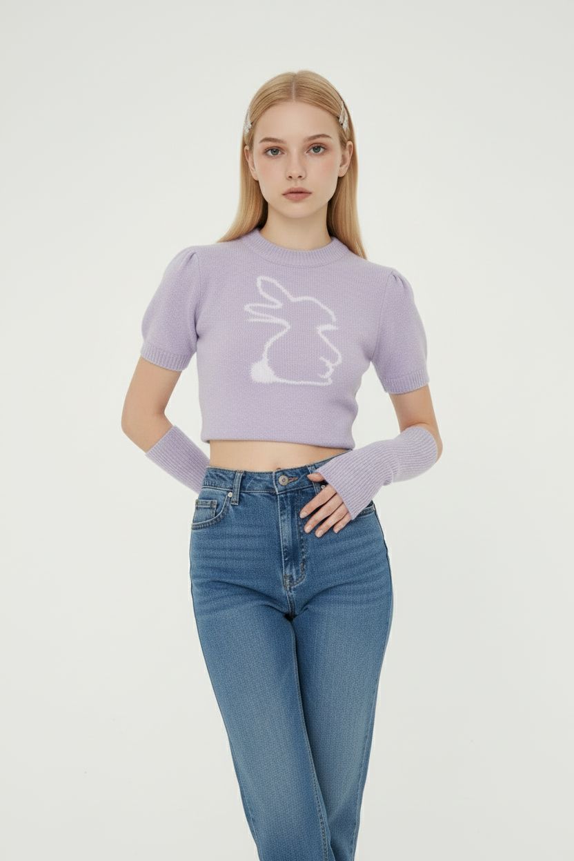 Purple Bunny Sleeve-Cover Knit Sweater