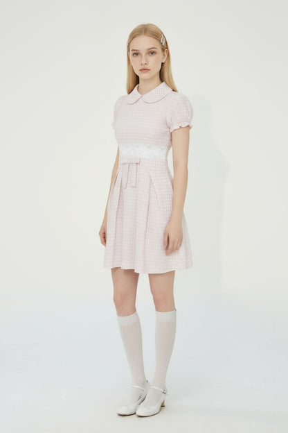 Pink French Doll-Collar Short-Sleeve Dress