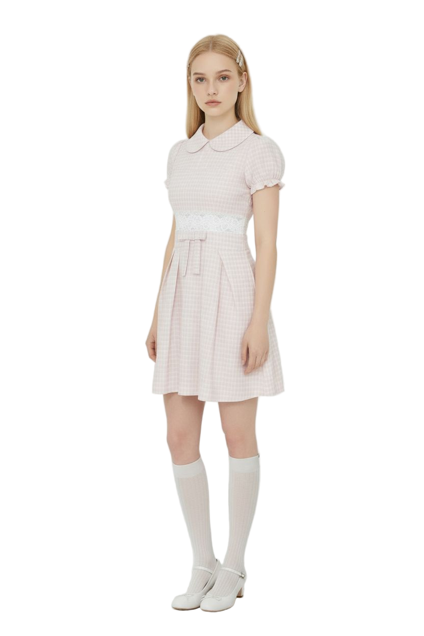 Pink French Doll-Collar Short-Sleeve Dress