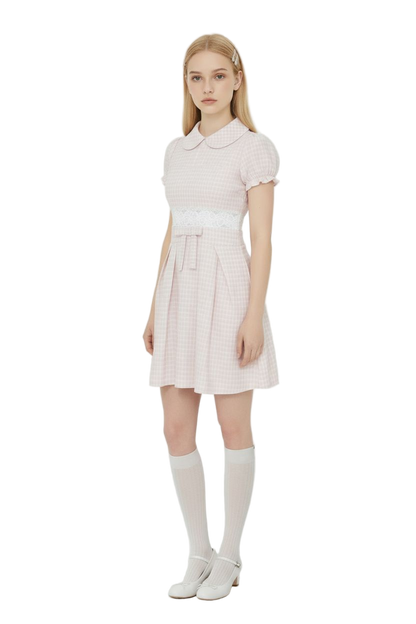 Pink French Doll-Collar Short-Sleeve Dress