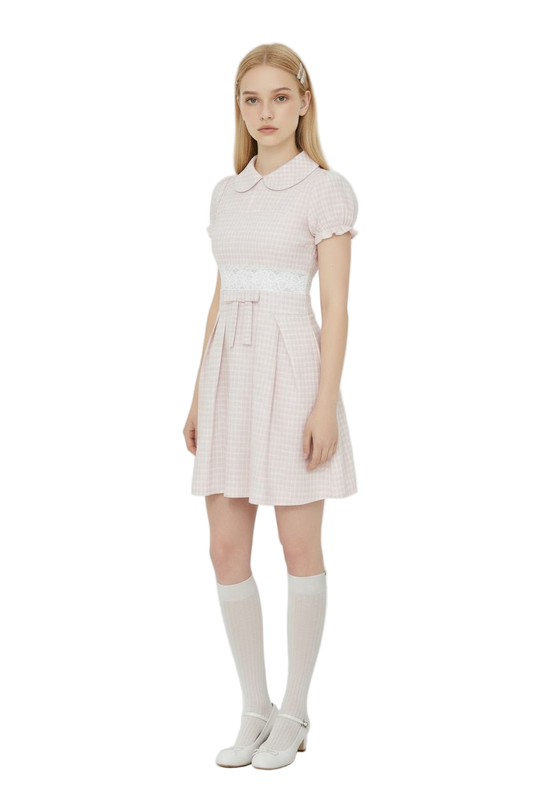 Pink French Doll-Collar Short-Sleeve Dress