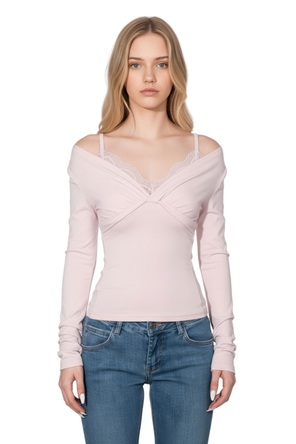 Lace Insert Top with Mock Layered Design