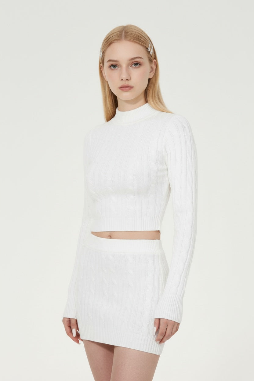 White Cable Knit Sweater & Mini Skirt Set