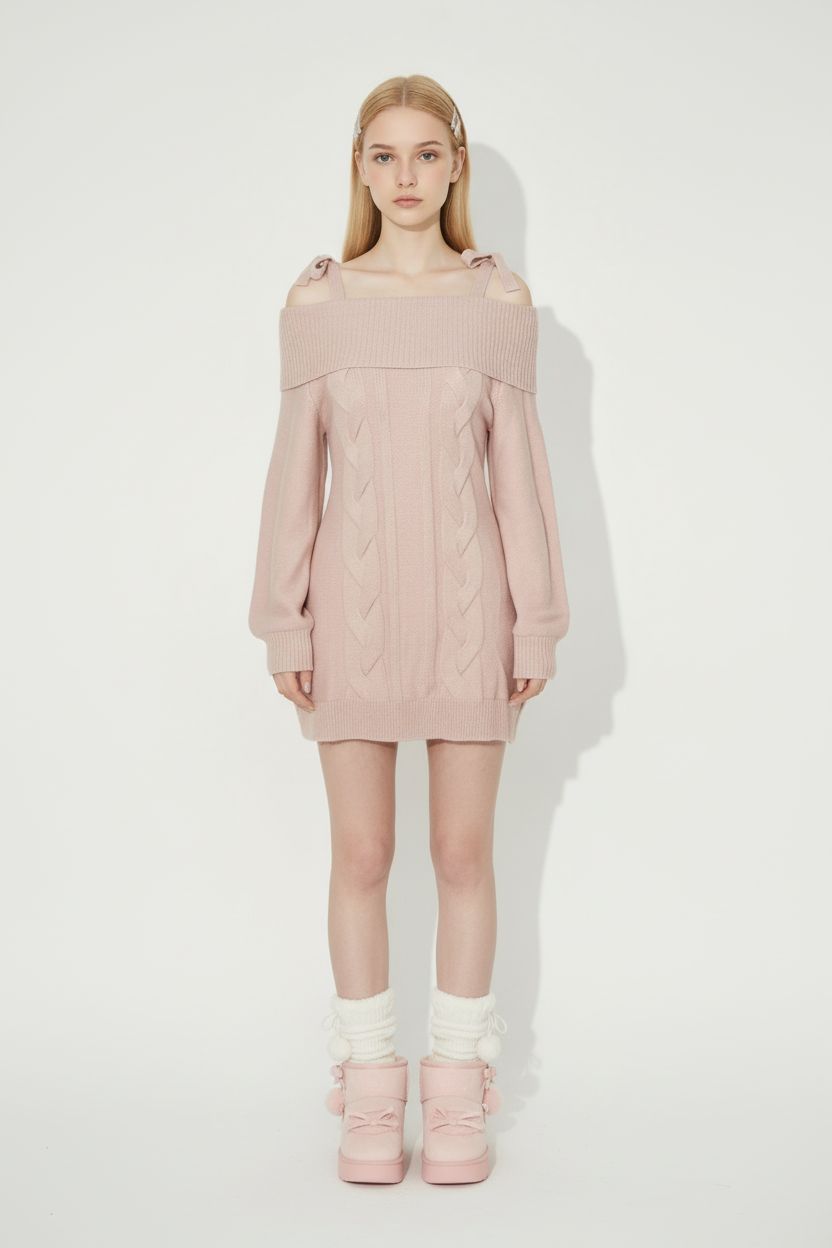 Vintage Pink Knit Waist-Cinched Sweater Dress