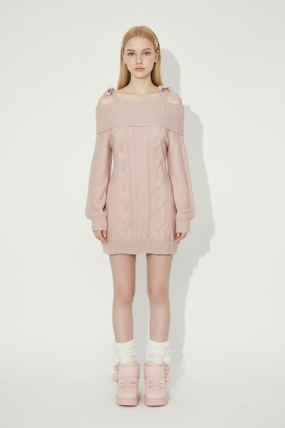 Vintage Pink Knit Waist-Cinched Sweater Dress