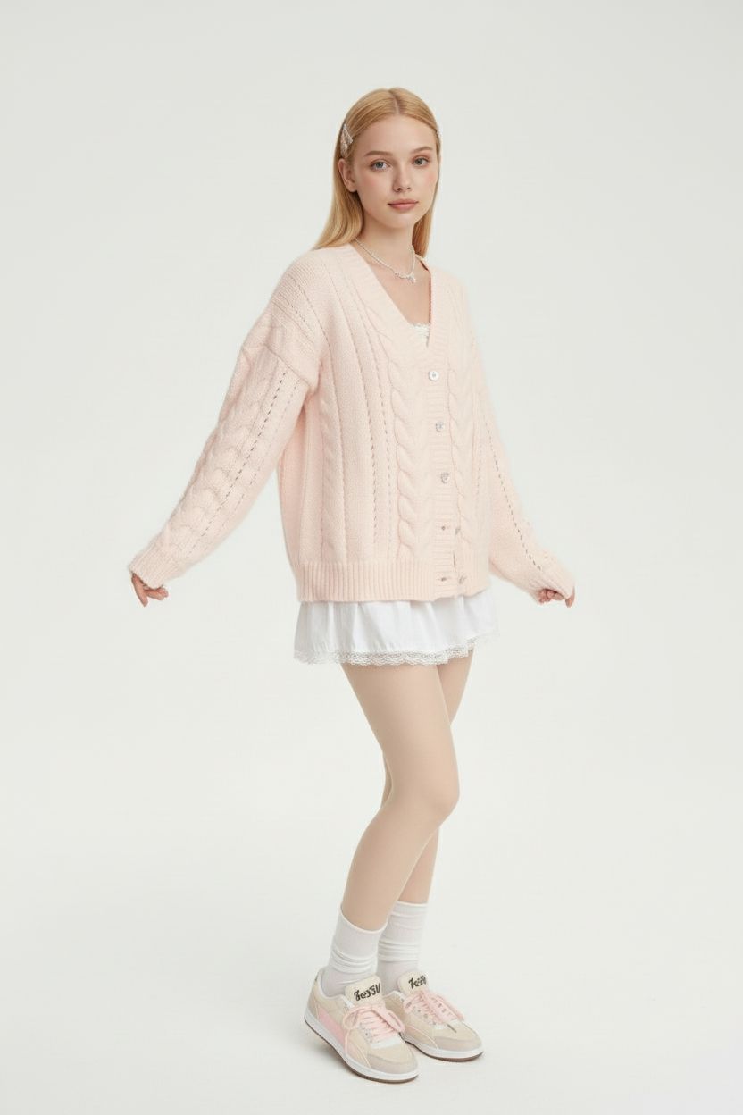 Loose Cable Knit Cardigan – Cozy Slouchy Fit