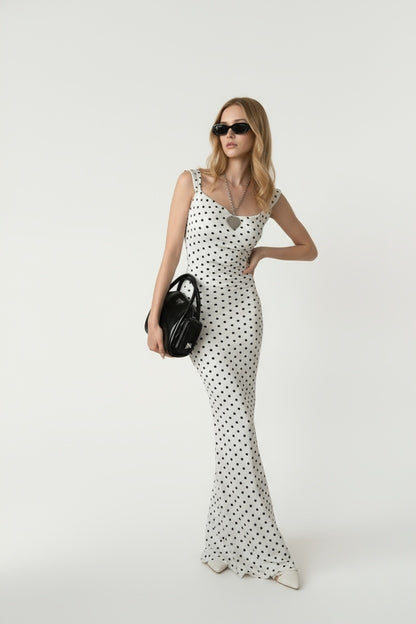 Bow-back black polka dot maxi dress