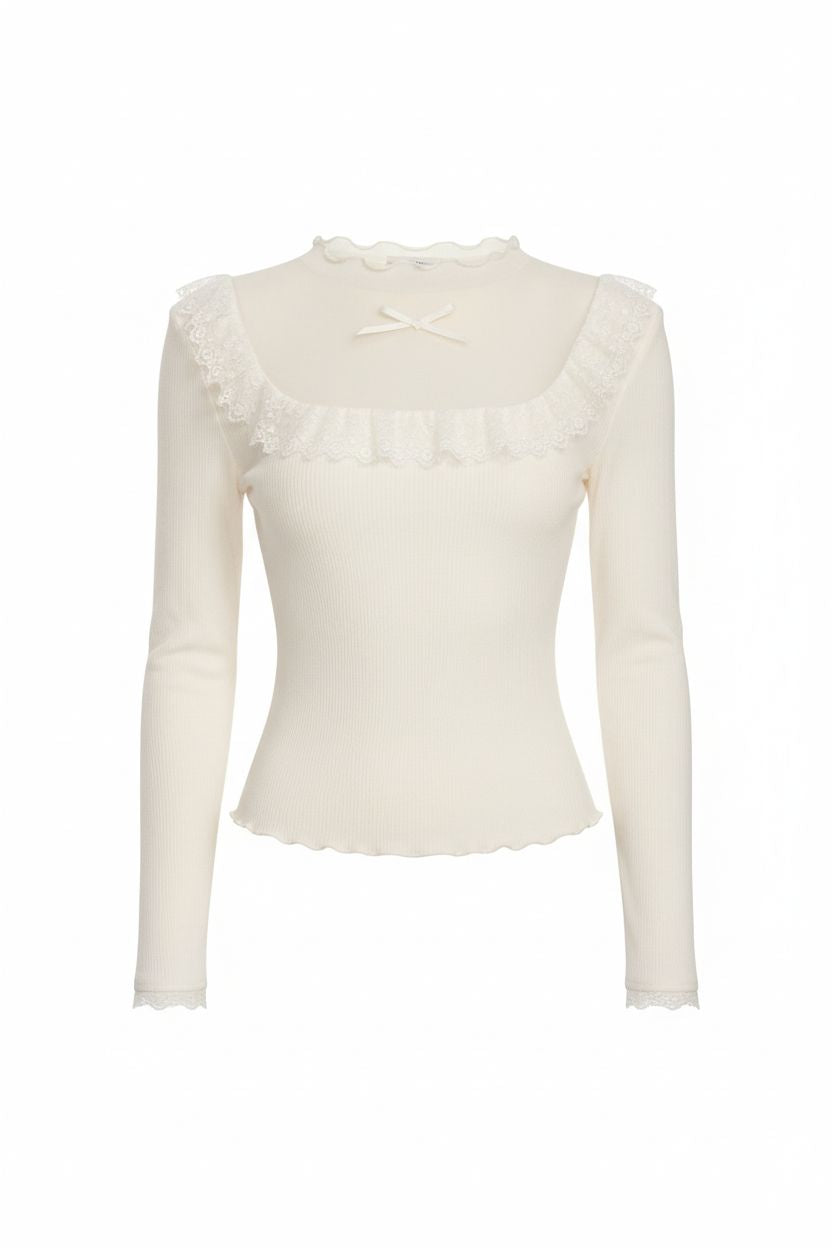 Slim Mock-Neck Knit Top with Lace Trim & Mesh Panels