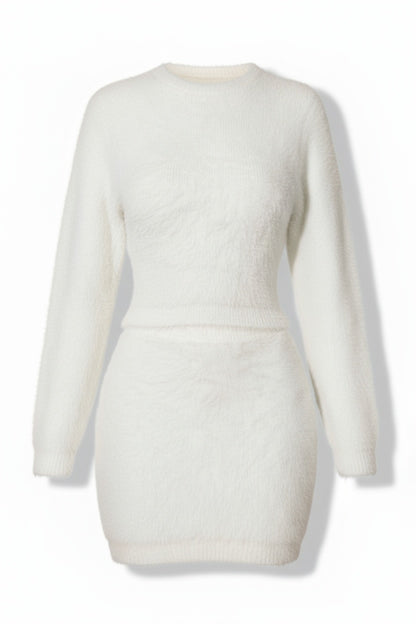 Fuzzy Mohair Blend Twin Set with High-Waist Wrap Skirt