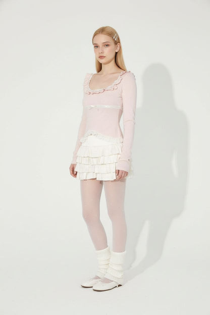 Pink Square-Neck Top with Ruffle Trim