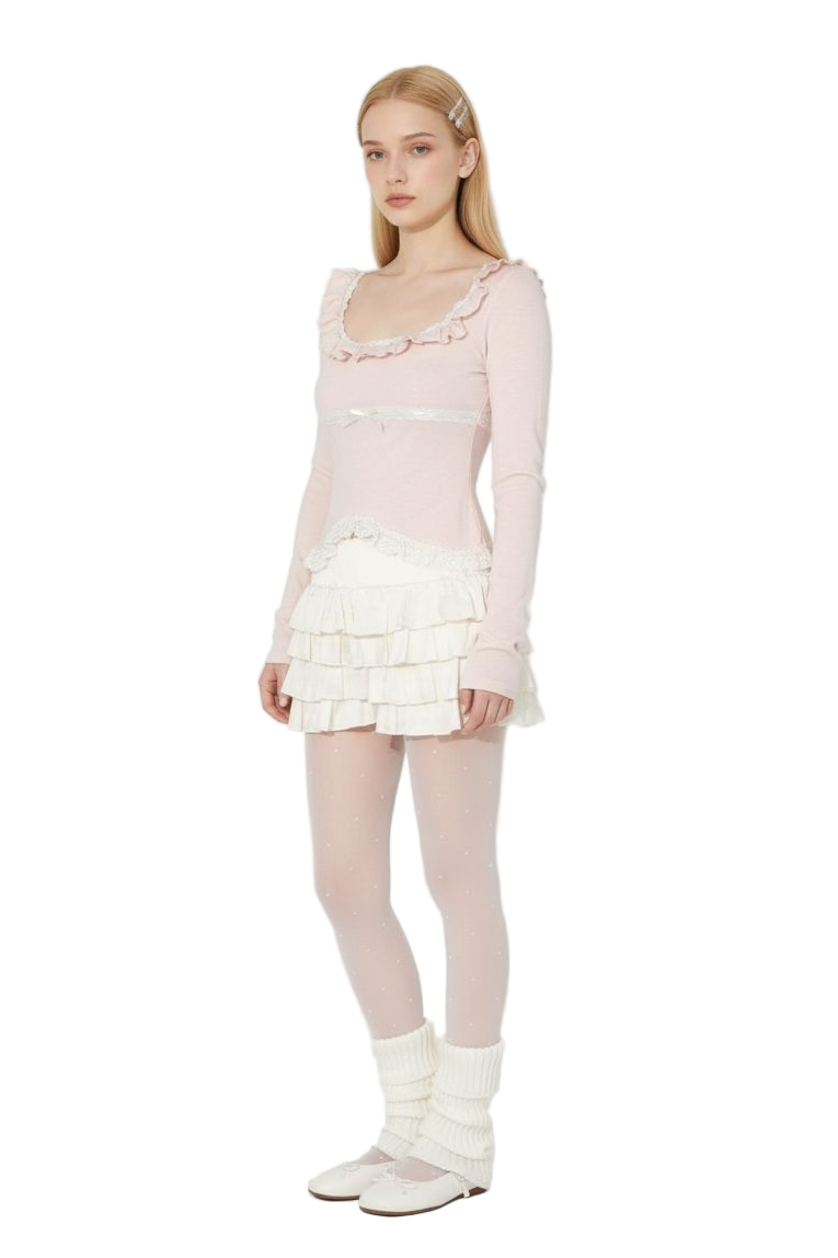 Pink Square-Neck Top with Ruffle Trim