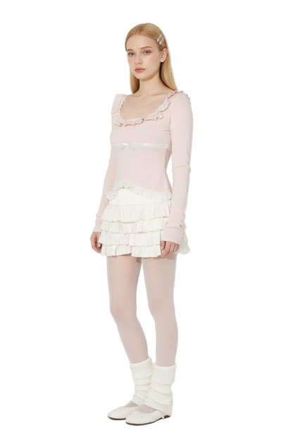 Pink Square-Neck Top with Ruffle Trim