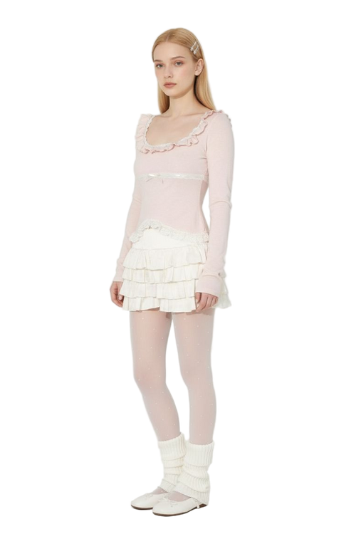 Pink Square-Neck Top with Ruffle Trim