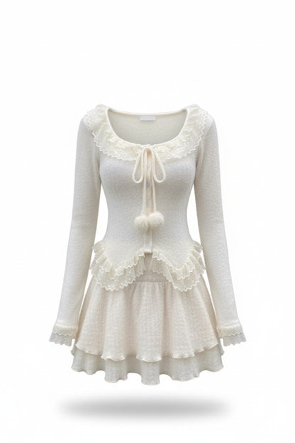 Soft Knit Two-Piece Set with Lace Ties and Pom-Poms